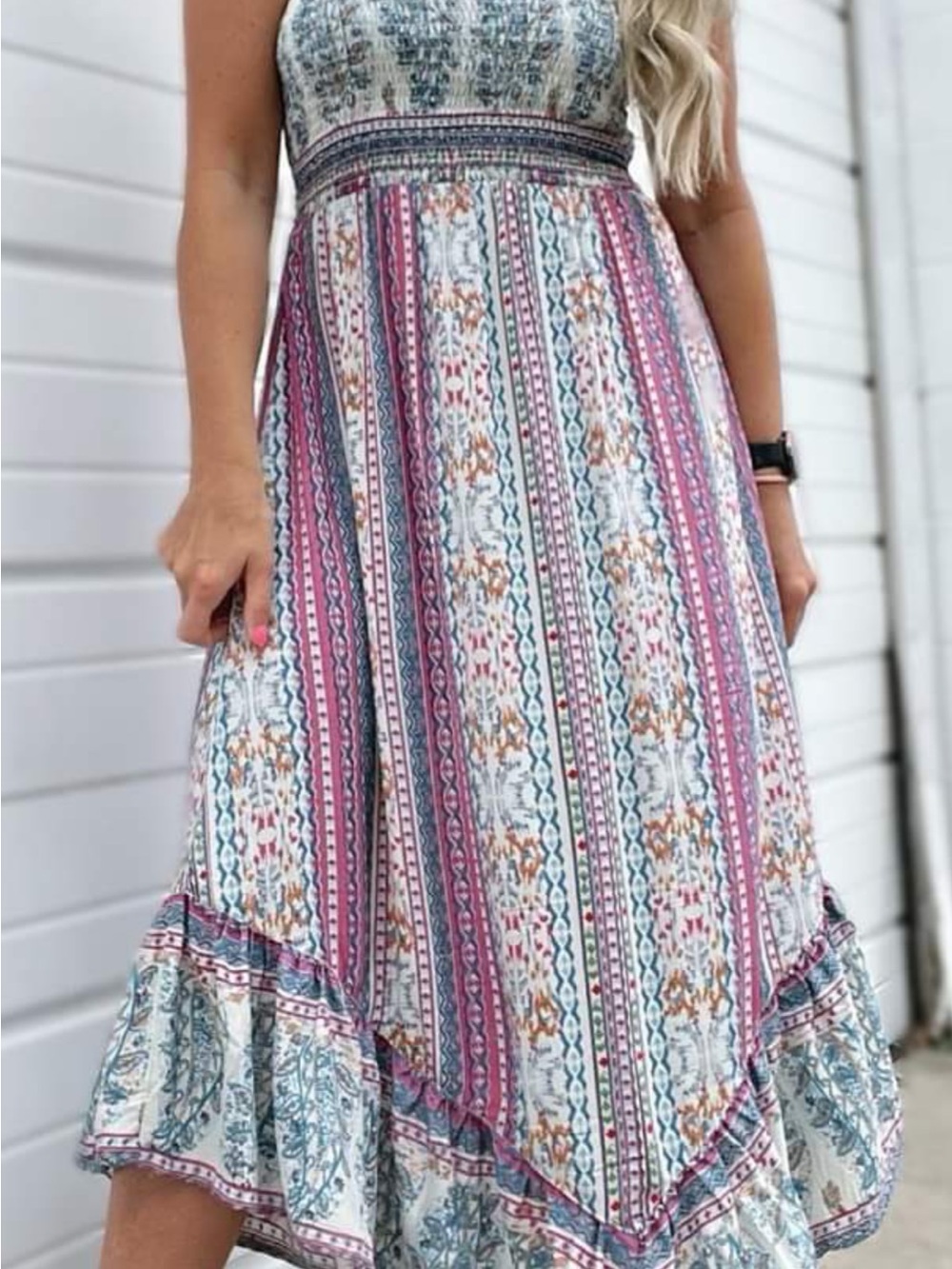 Angie Multicolor Smocked Maxi Dress in Blue, Pink, Cream-beautiful bohemian.